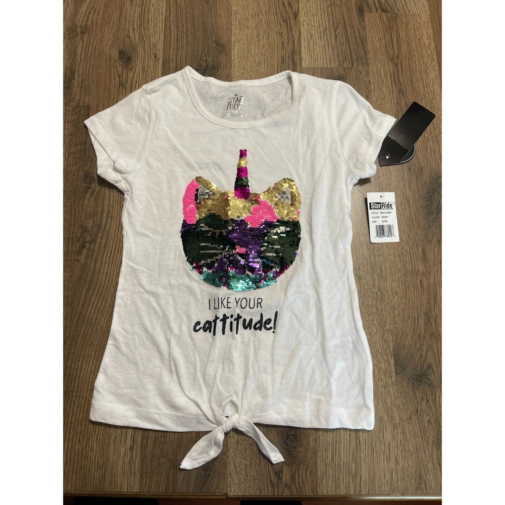 Star Ride Shirt, Women's Small, White, I LIKE YOUR CATTITUDE! Sequences, NWT